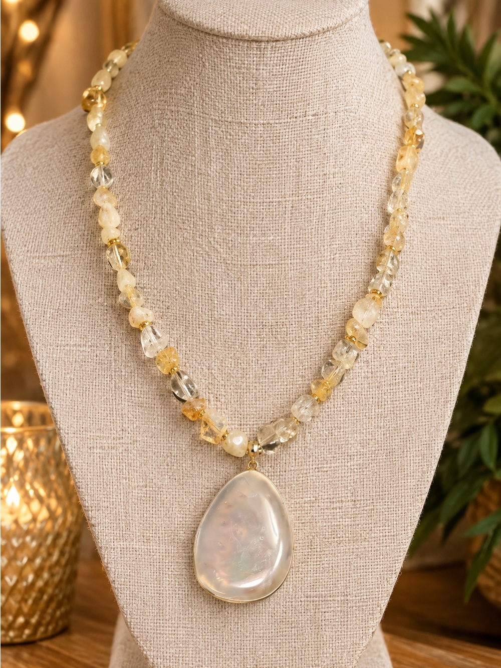 Natural Citrine Nugget Bead Statement Necklace Gold-Tone Crystal Spacers